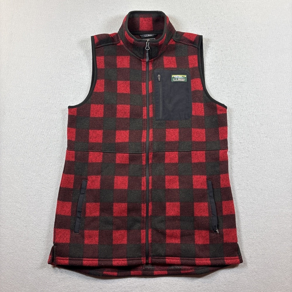 LL Bean Womens M Red Buffalo Checkered Plaid Zip Up Fitted Vest GORPcore Classic